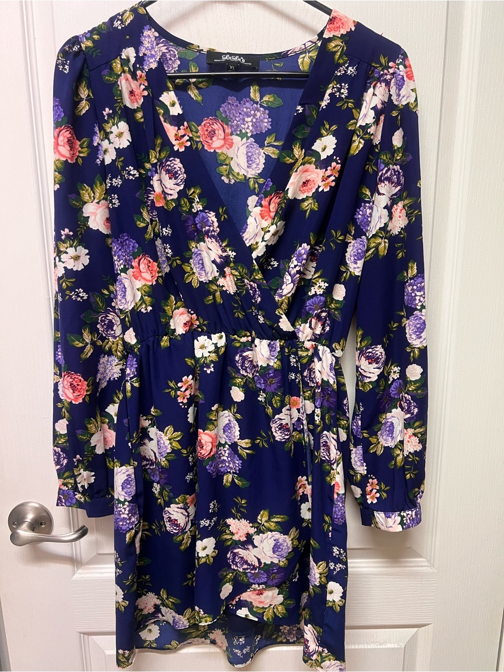 Lulu's Navy Floral Wrap Dress with Pink & Purple Blooms